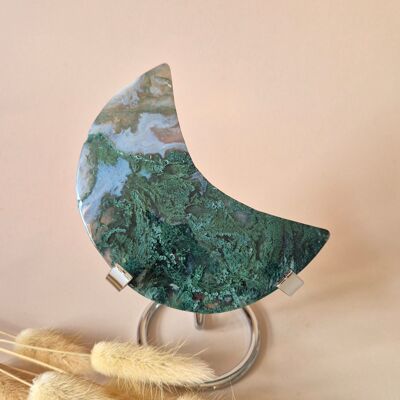Pierre précieuse XL en agate mousse Lune sur support (druzy et motifs) n° 190 - 184 g