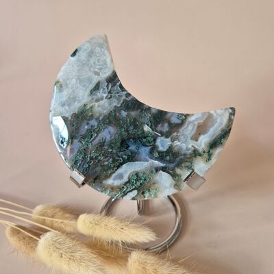 Pierre précieuse XL en agate mousse Lune sur support (druzy et motifs) n° 191 - 208 g