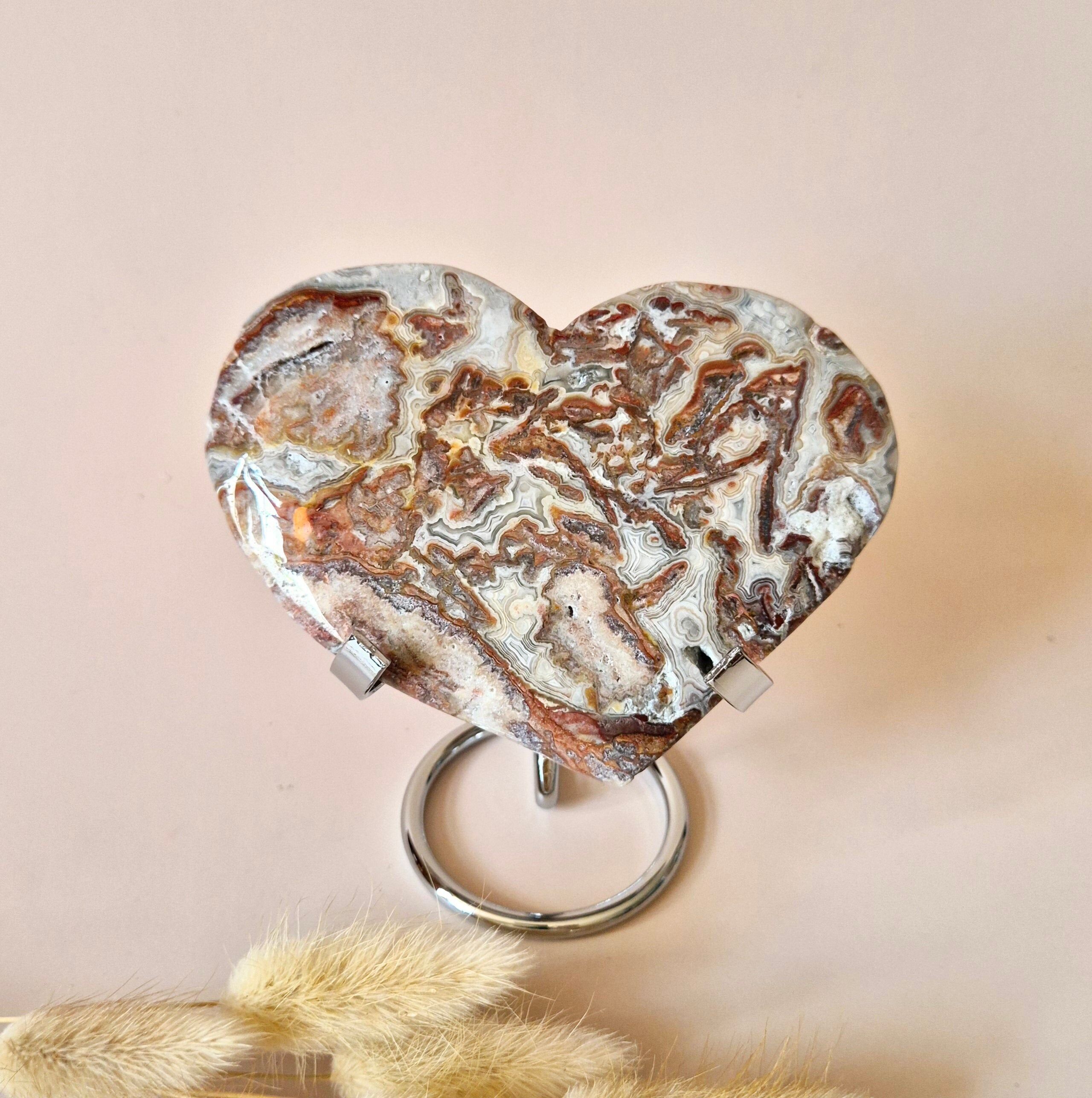 Cuore in agata messicana Crazy Lace su supporto n. 1 – circa 300 g di pietra preziosa per gioia ed equilibrio