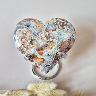 Cœur en agate mexicaine Crazy Lace sur support n° 4 – environ 300 g, pierre précieuse pour la joie et l'équilibre