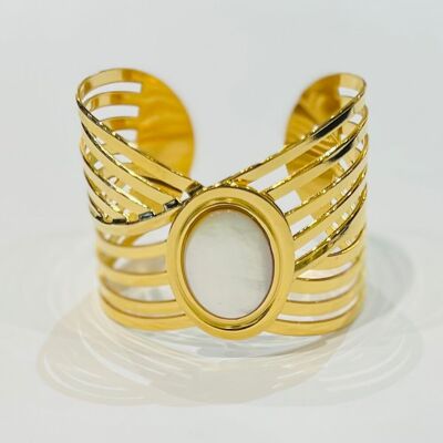 Multi-band steel cuff with oval mother-of-pearl cabochon