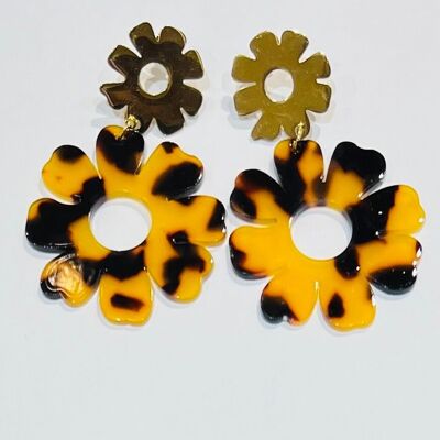 Boucles pendantes acier fleur stylisee resine coloree