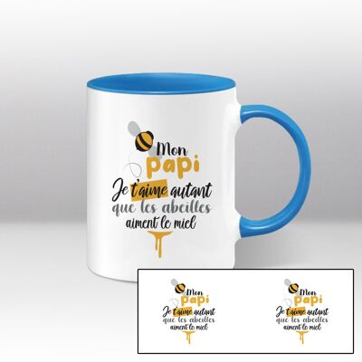 Mug blanc et bleu Illustration "Mon papi, je t'aime autant que les abeilles aiment le miel"