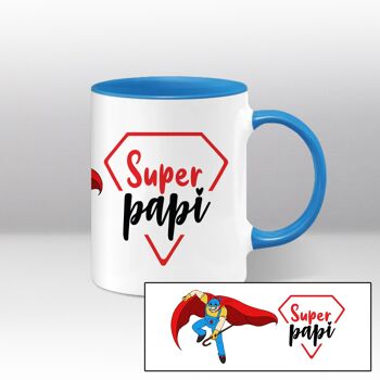 Mug blanc et bleu Illustration cartoon héroïque "Super papi"
