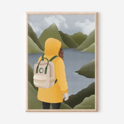 Poster Norway Fjords Woman in yellow raincoat - Hiking Travel Scandinavia - Norwegian Mountains