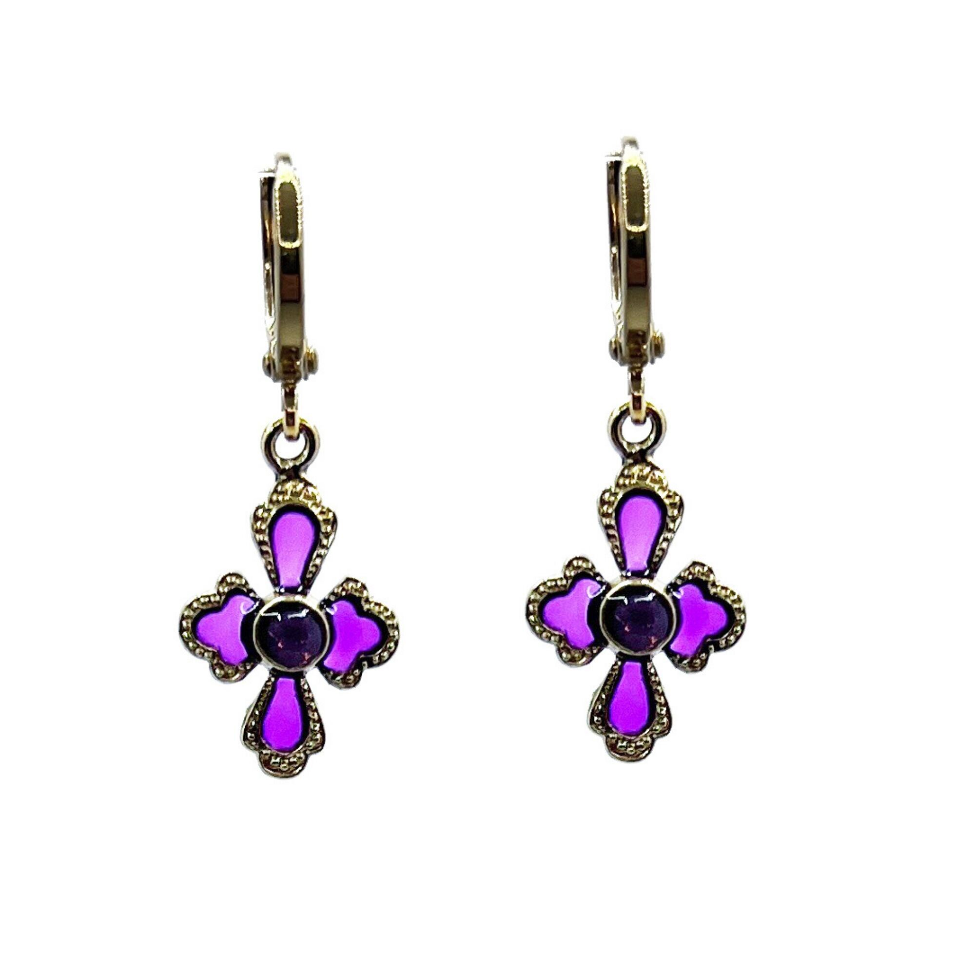 Cruz earrings - Purple, gold-plated metal (stained glass effect)
