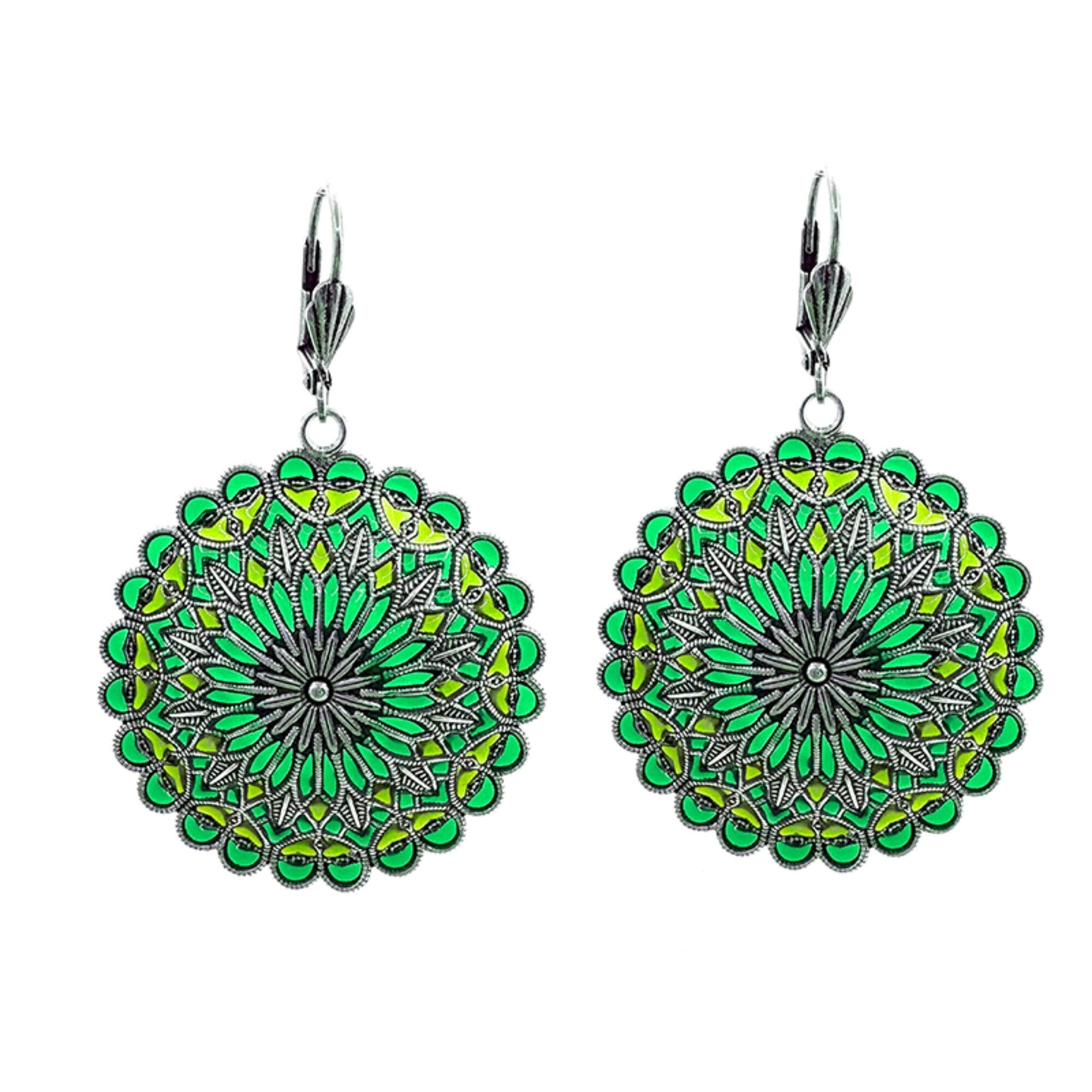 Orecchini Notre Dame - Verde lime/Verde scuro, metallo argentato (effetto vetro colorato)