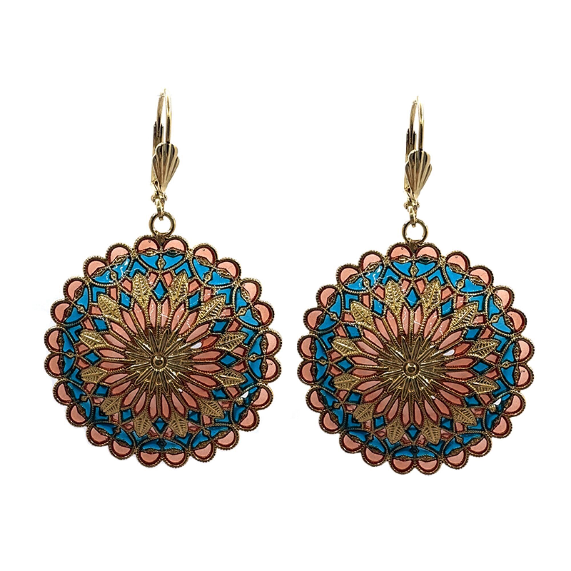 Orecchini Notre Dame - Turchese/Corallo, metallo placcato oro (effetto vetro colorato)