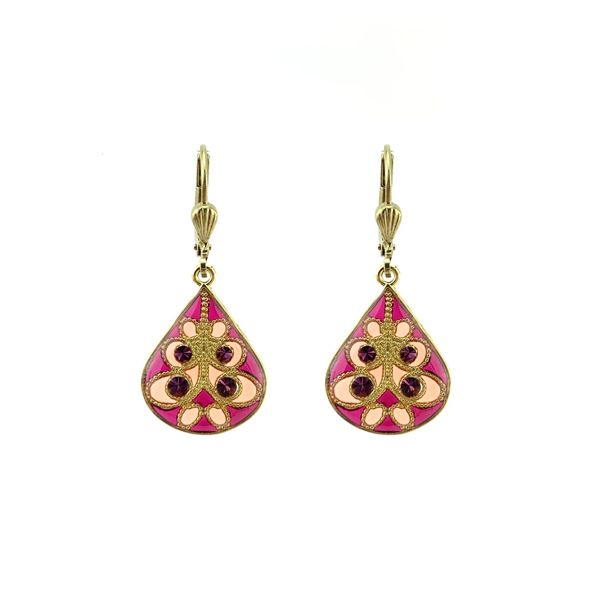 Orecchini Entrelacs - Prugna/Corallo, metallo placcato oro (effetto vetro colorato)