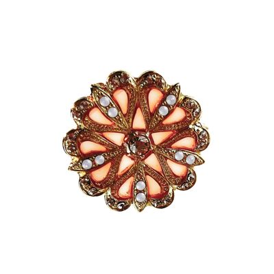 Broche Flore - Corail, métal doré (effet vitrail)