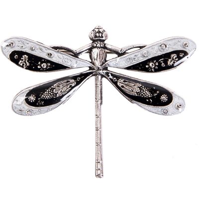 Broche Libellule gravée - Noir/Blanc (effet émail)
