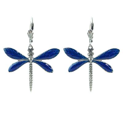 Boucles d'oreilles Libellules - Bleu nuit, métal argenté (effet vitrail)