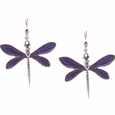 Dragonfly Earrings - Purple, silver metal (stained glass effect)
