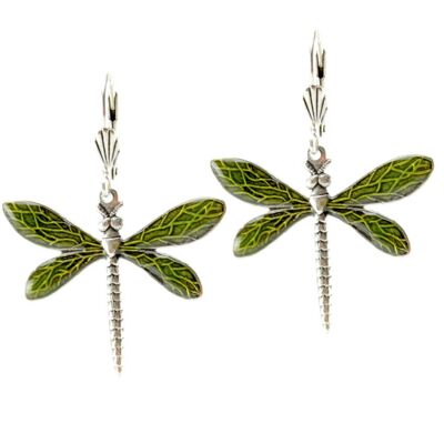Boucles d'oreilles Libellules - Vert anis, métal argenté (effet vitrail)