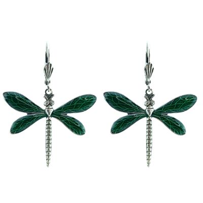 Pendientes de libélula - Verde oscuro, metal plateado (efecto vitral)