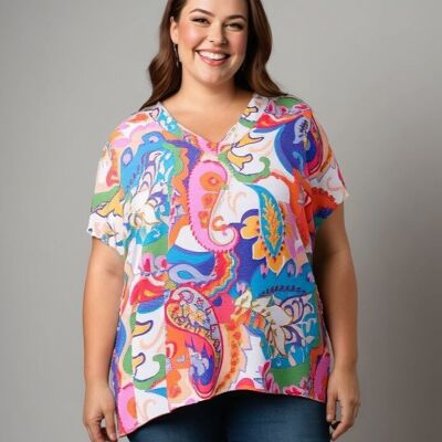 Blusa blanca estampada de talla grande (C6569)