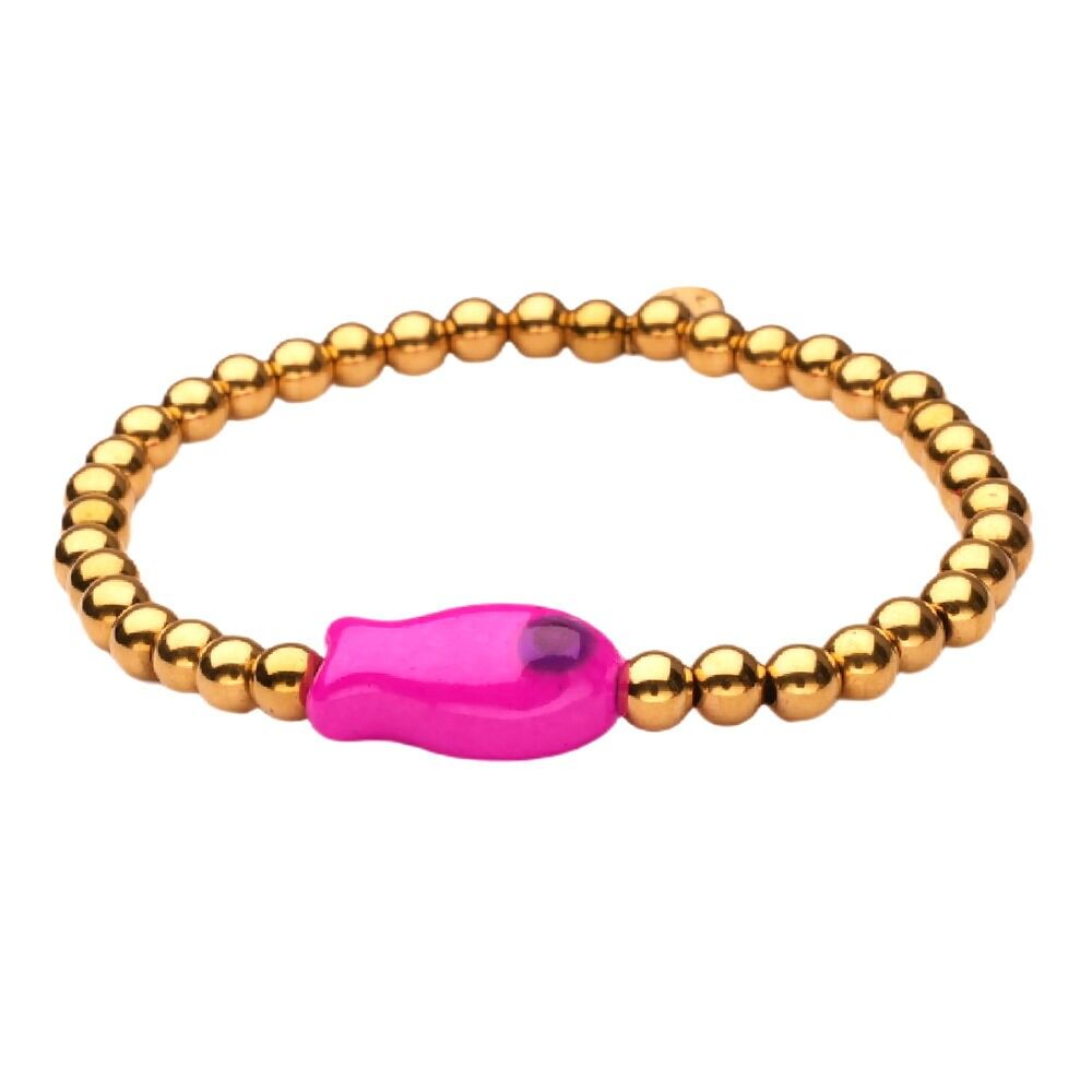 Bracciale LizzyMae in acciaio inossidabile con pesce dorato fucsia