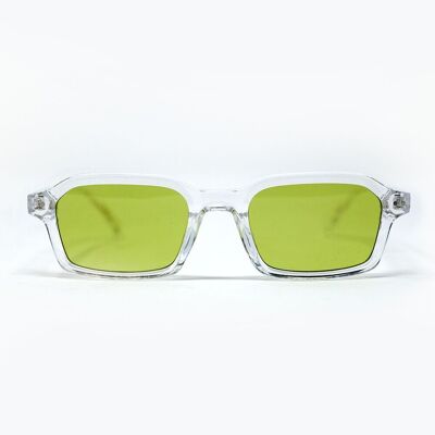 Gafas de sol rectangulares de acetato grueso con montura transparente y lentes ahumadas verdes