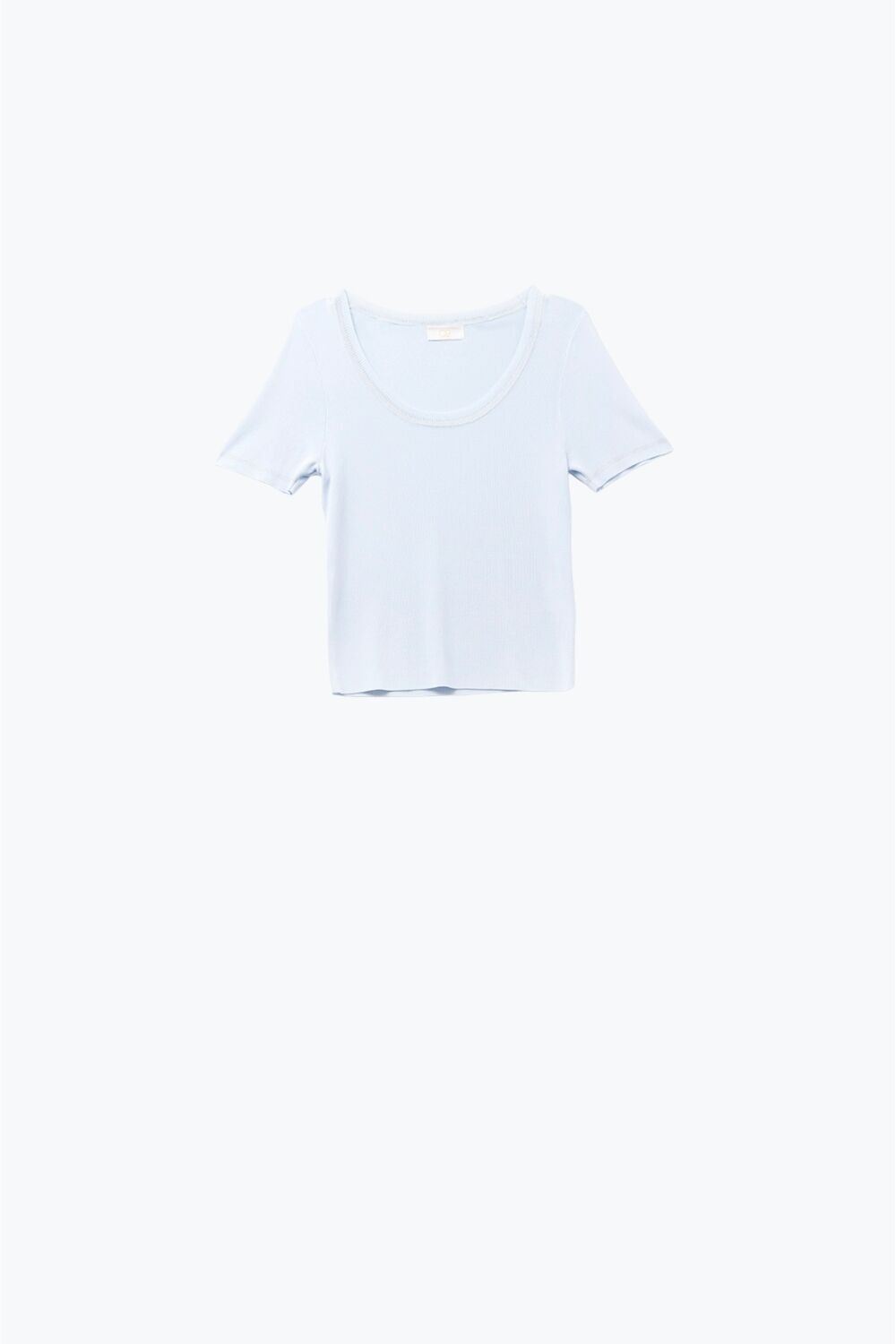 Maglione a maniche corte in azzurro con cucitura argentata sul collo rotondo