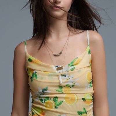Yellow body top with lemon print in mesh fabric