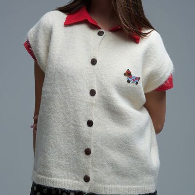 Gilet tricoté décontracté crème avec détail brodé de chien mignon