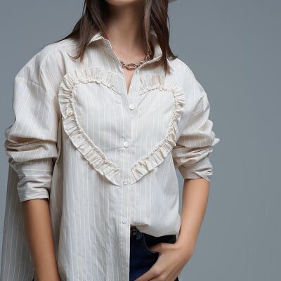 Beige Relaxed Striped Shirt With Heart Seam Detail