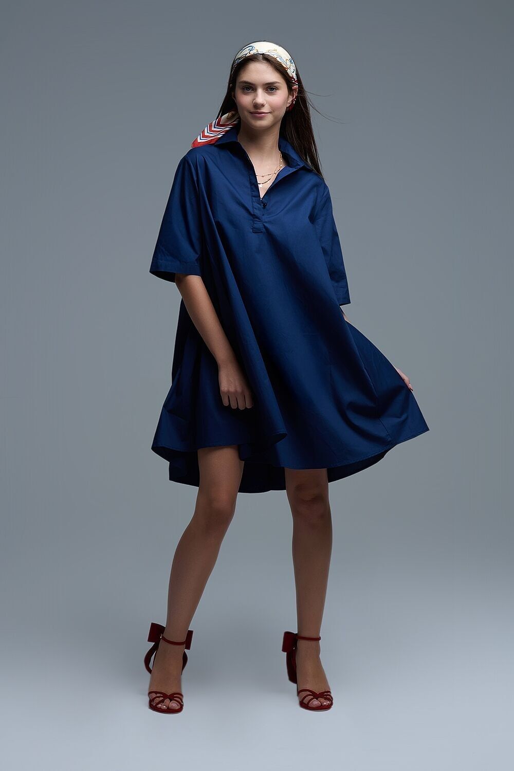 Abito oversize in popeline con maniche a 3/4, blu navy