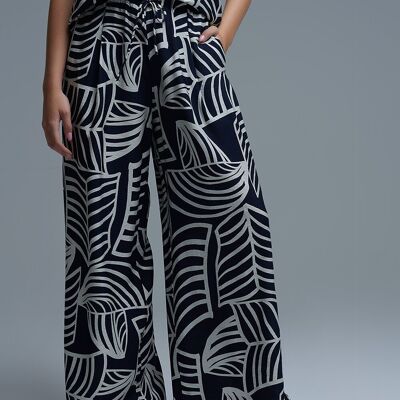 Pantalon large bleu marine et blanc à imprimé feuilles blanches