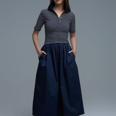 Robe avec haut rayé polo et jupe midi en popeline bleu marine