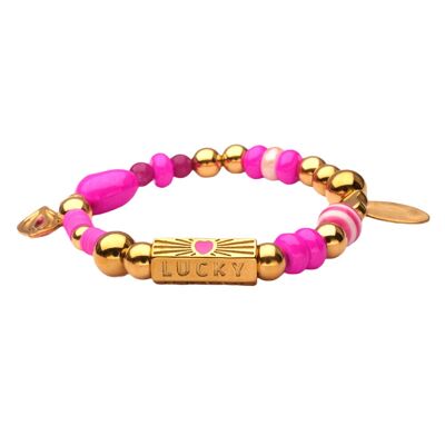 Pulsera LizzyMae de acero inoxidable con dije dorado fucsia