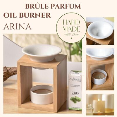 Bruciatore di Profumo Serie Naturea - Arina - Bruciatore di Cera Profumata - Diffusore di Olio Essenziale e Fragranza per la Casa - Portacandele per Aromaterapia in Bambù e Ceramica