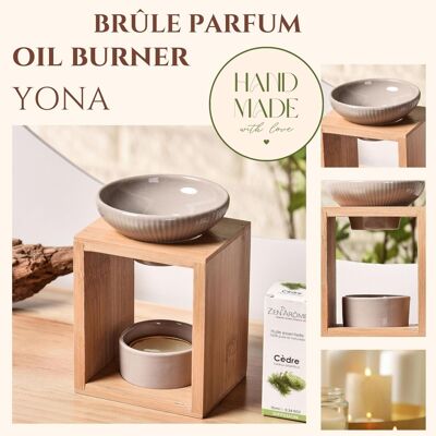 Quemador de Perfume Serie Naturea – Yona – en Bambú y Cerámica – Cera Perfumada de Difusión Saludable, Fundente