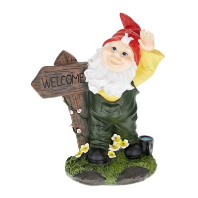Gnomo da giardino WOODENFURN con cartello di benvenuto