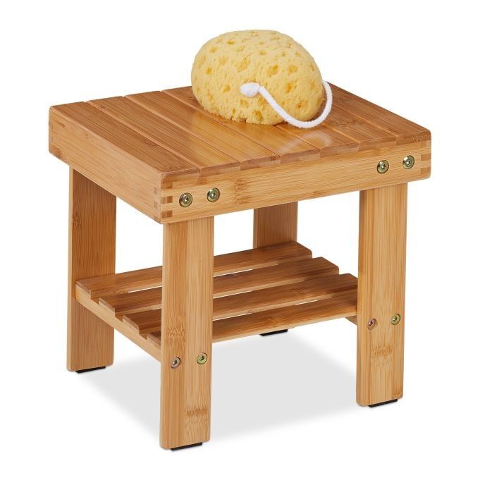 Tabouret de salle de bain en bambou WOODENFURN avec étagère supplémentaire