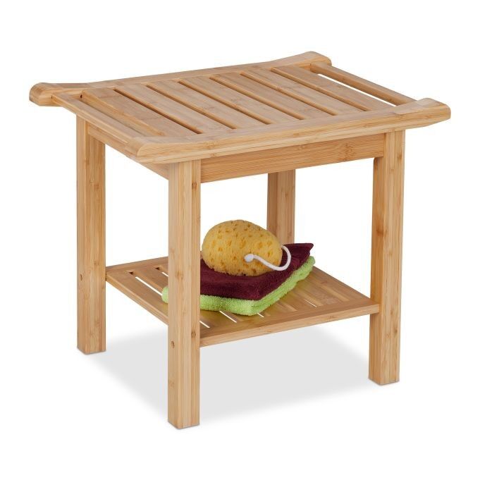 Tabouret de salle de bain en bambou WOODENFURN avec poignées et étagère