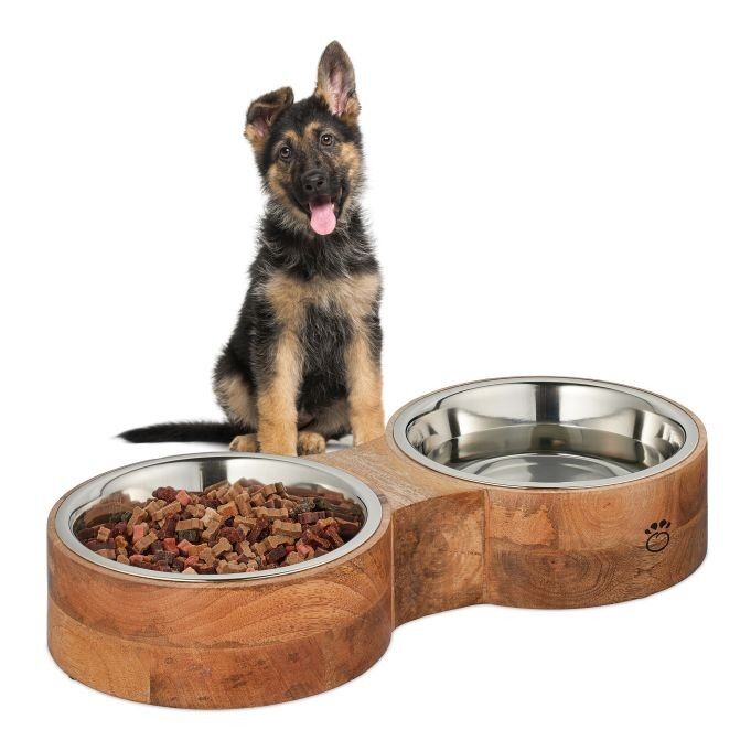 WOODENFURN dog bowl bar with 2 bowls