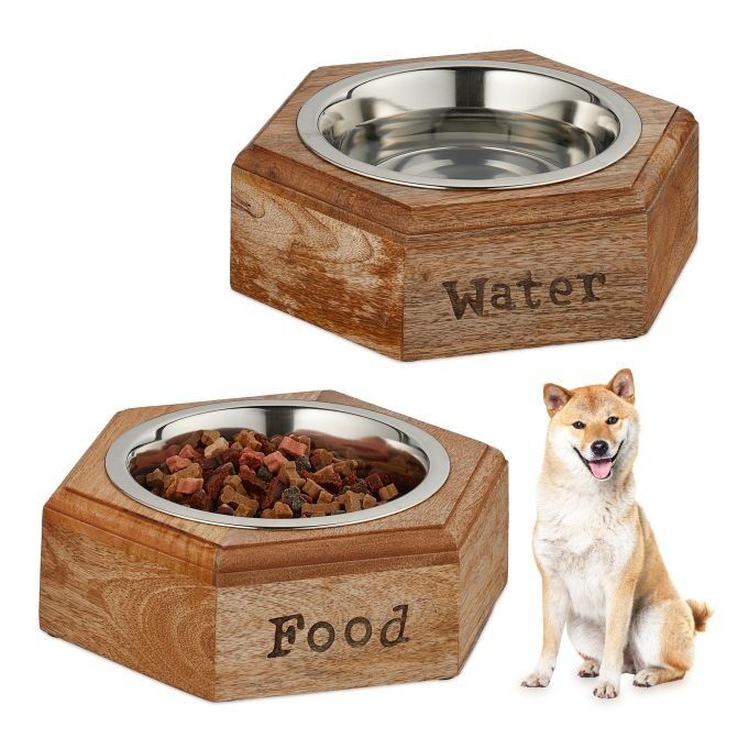 WOODENFURN dog bowl set with wooden holder