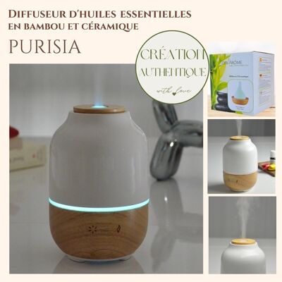 Ultraschalldiffusor - Purisia - Design aus Holz und Keramik - Diffusion ätherischer Öle - Anpassbare Beleuchtung - Dekorationsidee