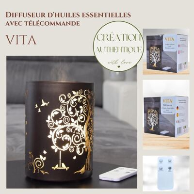 Diffuseur Ultrasonique – Vita – en Verre et Métal avec Télécommande – Design et Moderne – Eclairage Effet Bougie – Parfum Maison