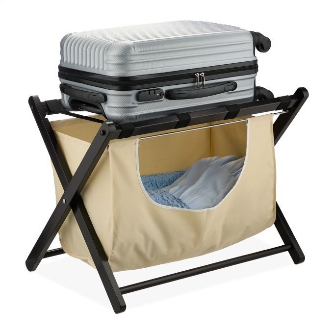 Support de valise noir WOODENFURN avec sac à linge