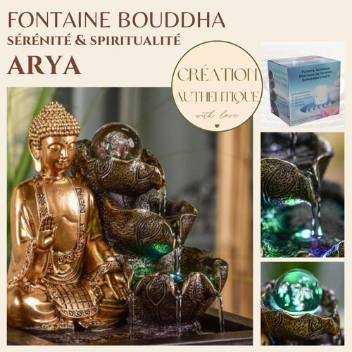 Fontaine d'Intérieur - Arya - Lumière Led Colorée - Statuette Bouddha Déco - Ecoulement Cascade - Idée Cadeau
