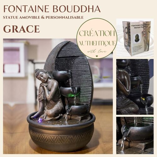 Fontaine d'Intérieur - Grace - Statue Bouddha Amovible - Lumière Led Colorée - Ambiance Feng Shui - Idée Cadeau Déco