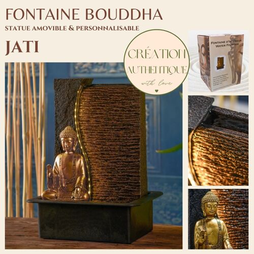 Cadeaux Fête des Mères - Fontaine d'Intérieur - Jati - Statue Bouddha Amovible - Lumière Led Blanche - Ambiance Zen et Relaxante - Utilisation Facile