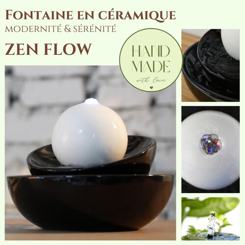 Fontaine d'Intérieur - Zen Flow - Cristal Line en Céramique Noire et Blanche - Cadeau Déco - Ambiance Zen et Relaxante