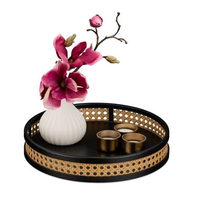WOODENFURN Round Decorative Tray with Rattan