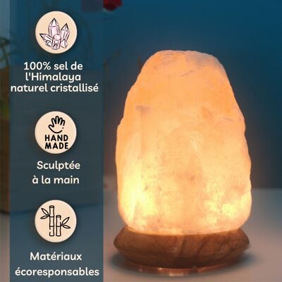 Lámpara USB Cristal Sal del Himalaya – Roca 600g – Base Madera – Objeto Decorativo