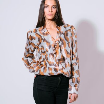 Camisa lavallière de seda Leopardo plateado