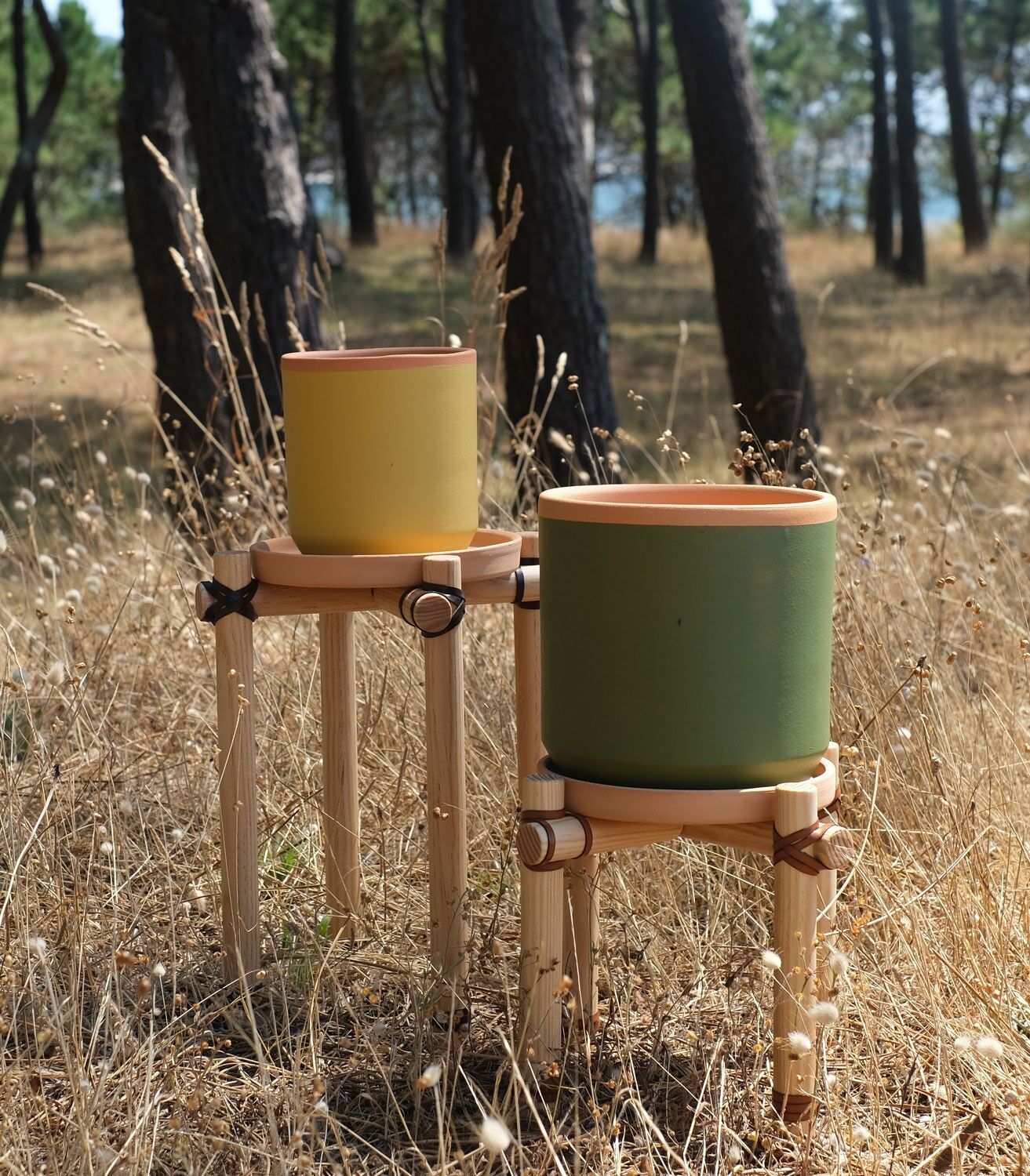 Support de pot de fleurs en bois et cuir M