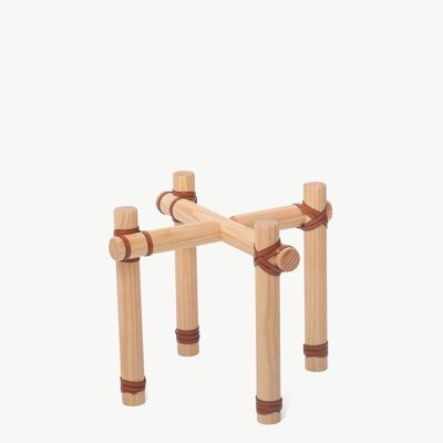 Flower pot stand in wood and light brown leather S
