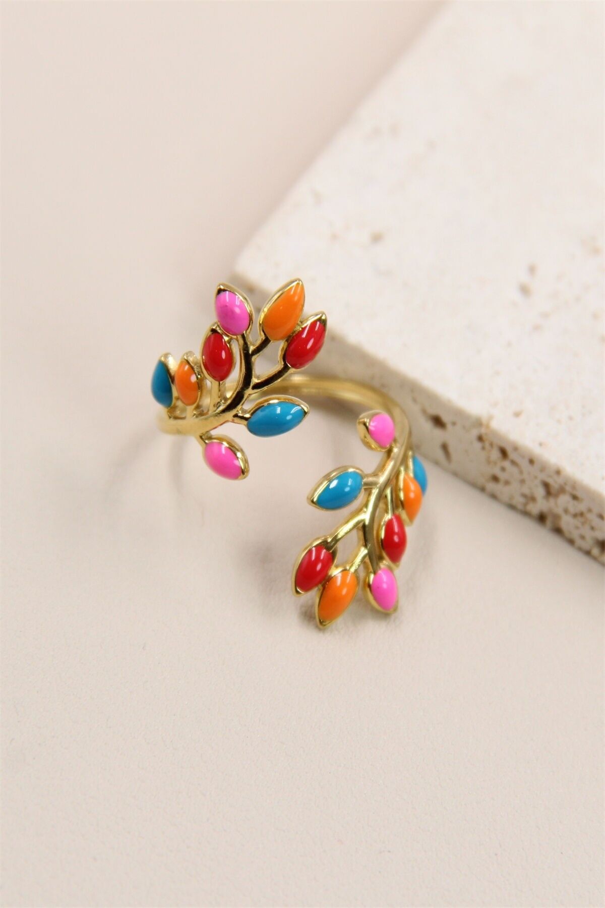 Bague ajustable en acier inoxydable au design de feuille